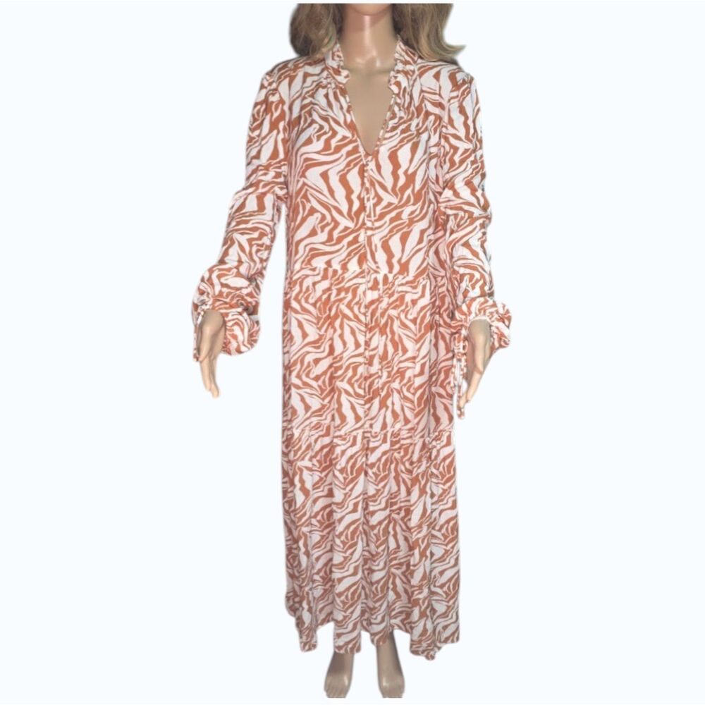 FRESHA London Daphine Maxi Dress Orange White Zebra Tiered Boho L/S V-Neck SZ: M - Picture 2 of 9